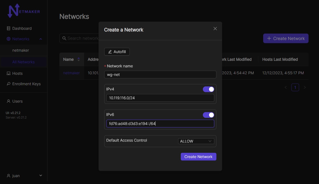 Create Network Screen